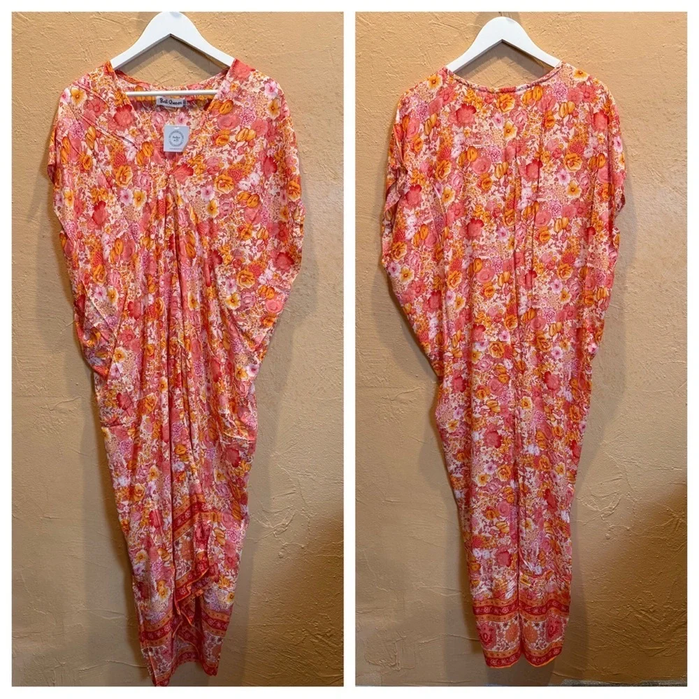 BALI QUEEN Floral Pink Orange Kaftan OS - Picture 5 of 7